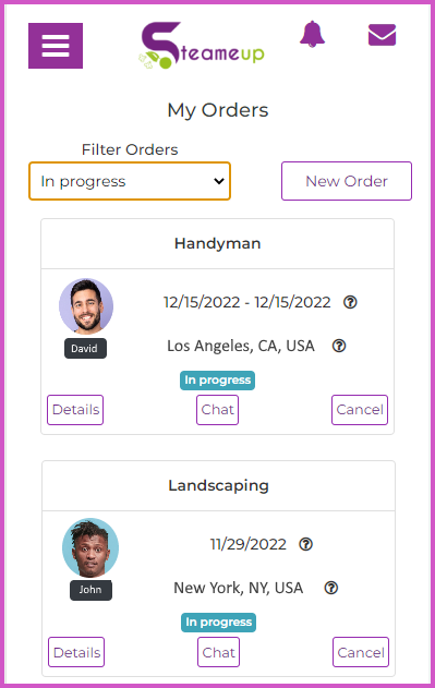 Client screen orders page