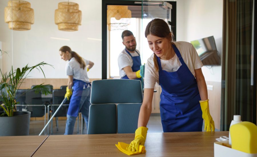 professional cleaning service people working together office